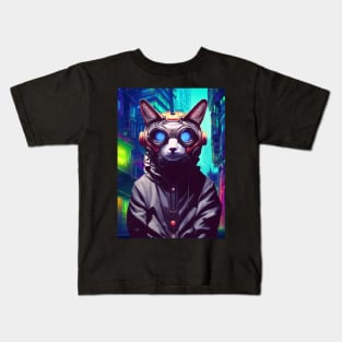 Techno Cat In Japan Neon City Kids T-Shirt